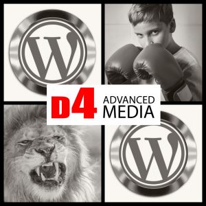 Lion, boxer, wordpress logo twice, D4 Advanced Media Logo