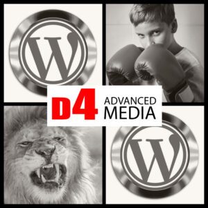 Lion, boxer, wordpress logo twice, D4 Advanced Media Logo